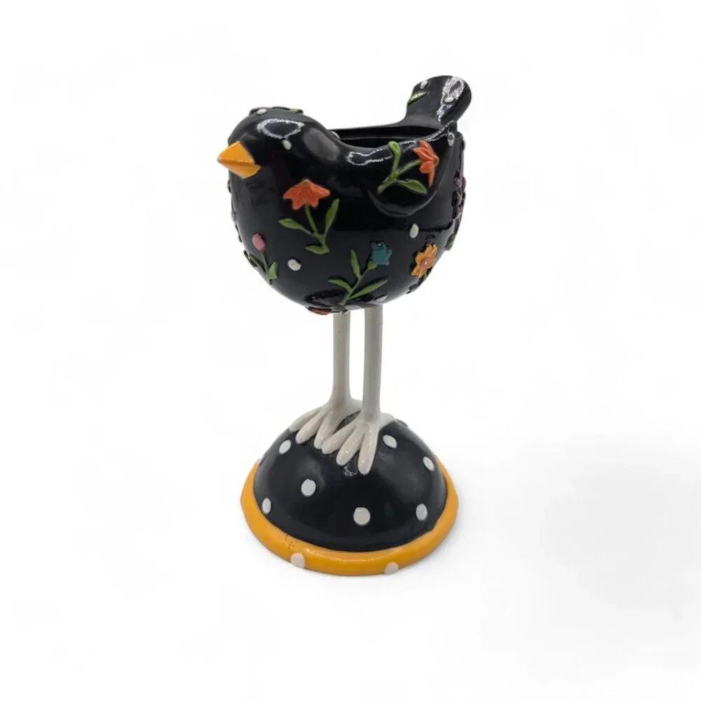 Yankee Candle Black Bird Long Legs Votive Candle Holder With Folk Art Floral Des
